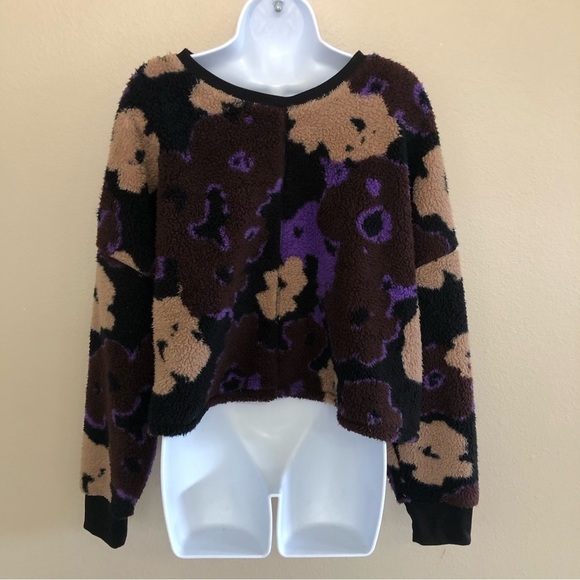 BP Women’s Black Brown Pressed Floral Teddy Bear Cropped Sweatshirt Plus Size 3X - Picture 4 of 9
